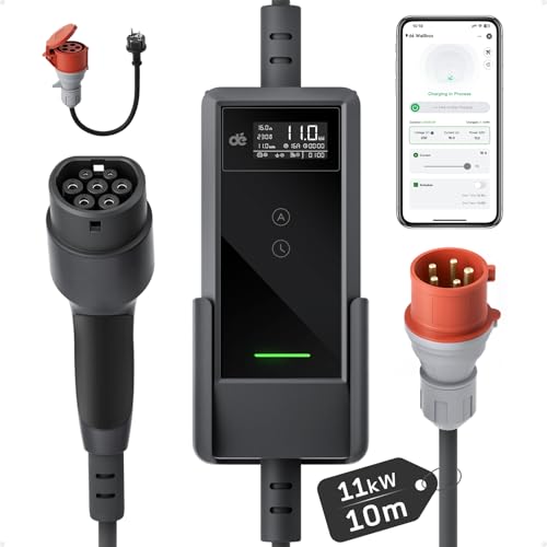 dé Mobile Wallbox 11 kW with App [10 m | 3-Phase | 6-16 A], Charging Cable E Car CEE-16A 400V to Type 2 with Adjustable Charging Power, EV Charger for ID.3/4/5/7, IX1, Model 3/Y and Other BEV/PHEV