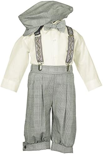 Boys Toddler Knicker Set with Suspenders and Hat - Vintage Tan Plaid Weave 7
