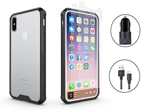 iPhone X Case, VeeDoo Transparent Clear Slim Rubber TPU Bumper (Black) Frame Hybrid Drop Protective Cover Kit for iPhone 10 [Tempered Glass Screen Protector,High Speed Lightning Cable &amp; Car Charger]