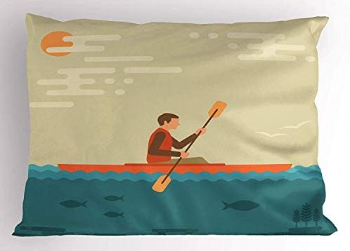 K0k2t0 Kayak Pillow Sham, Water Sports Cartoon in a Wavy River Fish Open Sky Warm Summer Sun Motif, Decorative Standard Queen Size Printed Pillowcase, 30 X 20 Inches, Multicolor