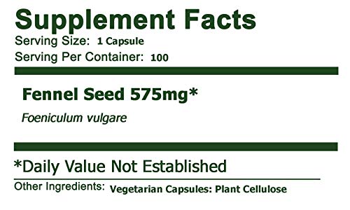 Fennel Seed 100 Pure Vegetarian Capsules 575mg. for Women's Reproductive Health, PMS, Cramps, Hot Flashes, Digestion, Improved Lactation in Nursing Mothers. Top Quality and Potency, No Additives.