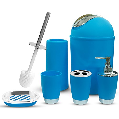 TEKITSFUN Blue Bathroom Accessories Set,6 Pcs Plastic Gift Bath Accessory Set Luxury Ensemble Includes Toothbrush Holder,Toothbrush Cup,Soap Dispenser,Soap Dish,Toilet Brush Holder,Trash Can - Thumbnail 6