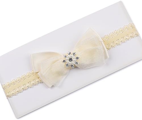 Baby Girl Chiffon Bowknots Headband | Rhinestones Headbands - Soft Elastic Design (Beige)