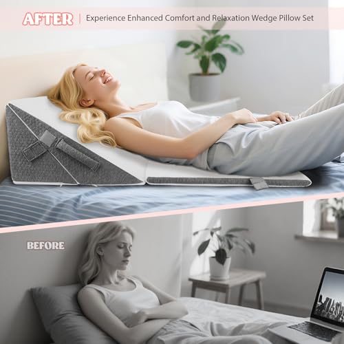 Aofesel 3pcs Bed Wedge Pillow, Antireflux Pillow Adults, Adjustable Triangular Pillow, Ergonomic Reflux Pillows for Sleep Apnea, Acid Reflux, Leg Elevation