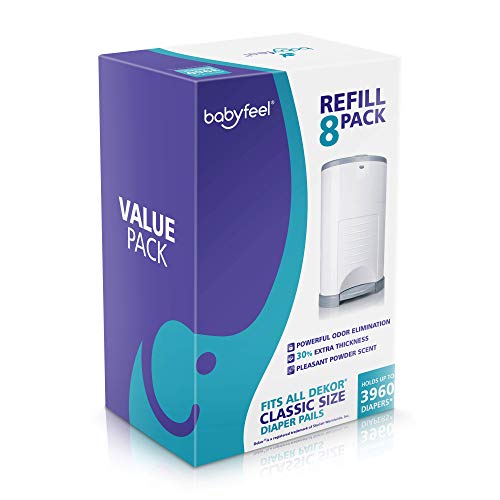 Dekor Classic Refills by Babyfeel | 8 Pack | Extra Value | Exclusive 30% Extra Thickness | Powder Scent | Fits Dekor Classic Size Diaper Pails | Powerful Odor Elimination | Holds up to 3960 Diapers