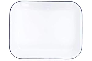 CROW CANYON HOME Enamelware Large Open Roaster, 13.5 x 10.75 inches, Vintage White/Blue