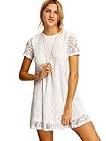 Romwe Women's Plain Short Sleeve Floral Summer Floral Lace Prom Party Shift Dress White S