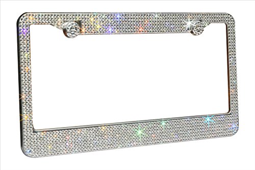 Rhinestone License Plate Frame 2 Pack For Women Glitter Luxury Waterproof Diamond Metal Car Bling License Plate Frame With Screws (Crystal)
