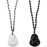 HOBBIESAY 2Pcs 2 Colors Maitreya Buddha Pendant Necklace Smiling Buddha Pendant Jade Crystal Pendants Beaded Rope Chain Lucky Amulet Jewelry Buddhist Necklace Gift for Men Women