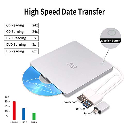 External Blu Ray DVD Drive Player, USB 3.0 and Type-C Blu-Ray 3D BD Drive Slot-in Ultra-Slim Optical CD DVD Burner Compatible with Windows XP/7/8/10, MacOS, Linux for MacBook, Laptop, Desktop