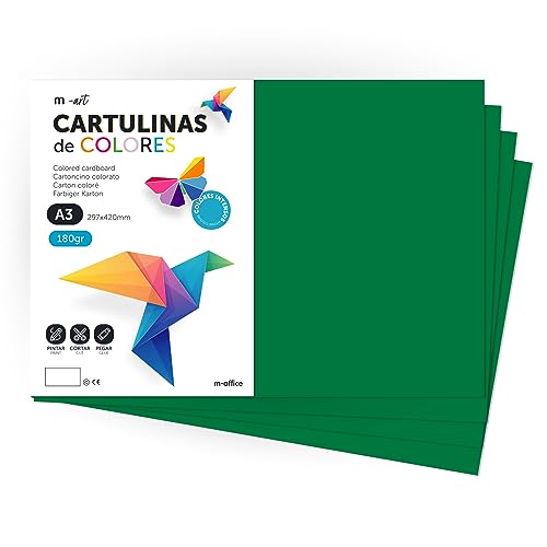 Cartulina de Colores, Cartulina A3, Folios Colores 180 g, Bloc cartulina Colours intensos, Ideal para Manualidades, Imprimir Tus Documentos y Disenos Creativos · m-office (50 Hojas, Verde Oscuro)
