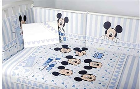 Disney Edredon De 5 Piezas De Mickey Mouse Con Protector De Cuna Y Sabanas A Juego Azul Celeste Ropa De Cama Panenkarya Bebe