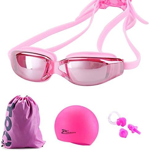 Swimming set, swimming goggles + swim cap + ear plug nose plug 4 points set Belt adjustable storage bag with unisex combined free size anti-fogging UV protection (Color : Pink)