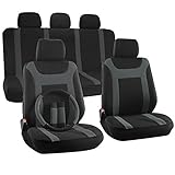 OxGord 17pc Set Flat Cloth Mesh Gray Black Y Stripe Seat Cover Set-Airbag-Front Low Buckets-50-50 or 60-40 Rear Split Bench-5 Head Rests-Universal Fit for Car, Truck, Suv, or Van-Steering Wheel Cover