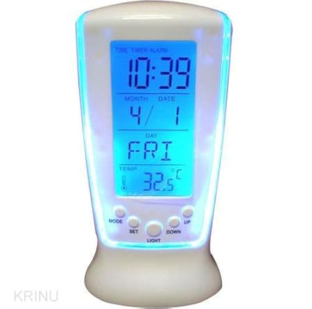 Inditradition Table Alarm Clock With Blue Back-Lit Led Light, Lcd Digital Display Of Time & Temperature - Battery Operated, White