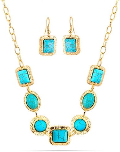 Jewelry11 Gold-Tone Metal Turquoise Earrings And Adjustable Lobster Claw Closures Neckaces Gift for Her