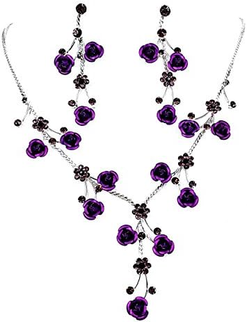 Faceted Metal Rose & Crystal Rhinestone Necklace & Earring set for Bridal, prom (Purple)