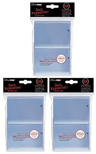 (300) Ultra Pro New Standard Size(66mm x 91mm) Clear Deck Protectors Sleeves! 3 Factory Sealed 100ct Packs (#82689) with Ultra Pro's Hologram Quality Seal of Durability! Stores and Protects Standard Size Gaming Cards including Magic the Gathering and Pokemon! Highest Clarity, Archive-Safe and Acid Free! No PVC! New Sleeve Size for Better Fit! Prevents Bent Corners for Longer Playability! Save