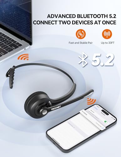 TECKNET Bluetooth Headphones, Wireless Headphones with Noise Cancelling Mic, Mute for Trucker/Mobile Phone/PC/Call Center/Skype