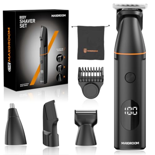 MAXGROOM 4 in 1 Men's Electric Shaver Body Kit, Men's Intimate Shaver IPX6 Wet and Dry Use, Body Hair Removal USB C Charging (Black, M)