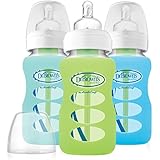 Dr. Brown's Options 3 Piece Wide Neck Glass Bottle in Silicone Sleeve, Green/Mint/Blue, 9 Ounce