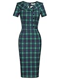 MUXXN Women's 1940s Bodycon Slim Midi OL Work Dress (Green Plaid L)