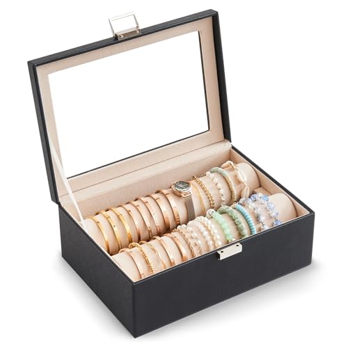 Lolalet Bracelet Display Holder with Rods for Bangles Watches, Clear Lid Jewelry Organizer Box Storage Case for Women Girls -Black