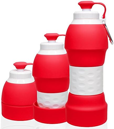 KHEY Collapsible Water Bottle, Easy Foldable Silicone Technology, Leak Proof w/Carabiner, Travel Friendly, Sports, Outdoors, BPA Free - Non-Toxic, 19.6 OZ (RED)
