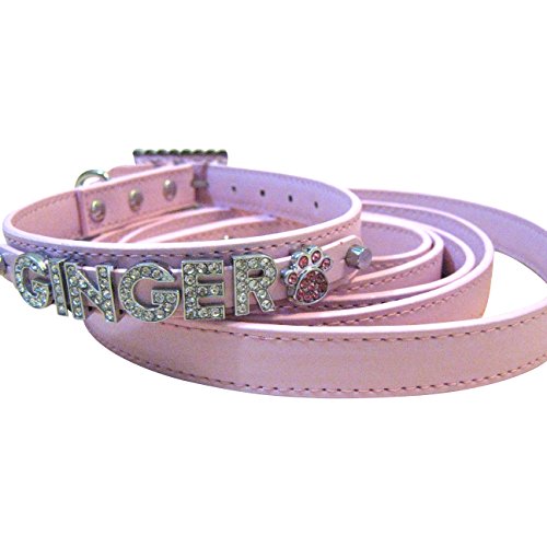 Bling Stuff For Fun TM - Plain PU Leather Cute Bling Custom Personalized Name Collar and Matching 5FT Leash Set For Large Medium Small Size Dogs And Puppies (M: Neck Size 11.2"-14", Pink)