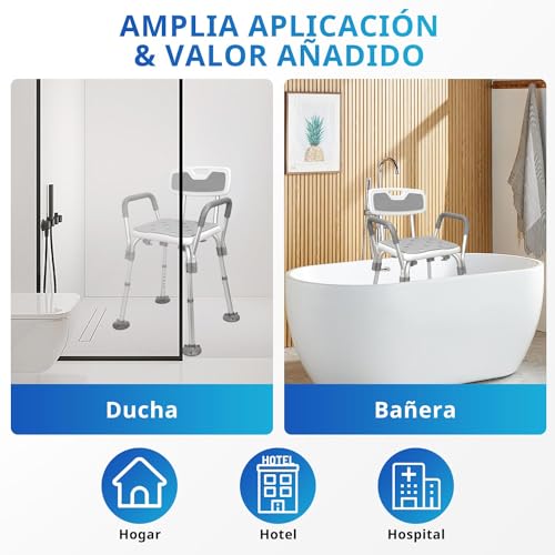 SCHIB Silla de Ducha para Adulto Altura Ajustable, Silla para Baño, Carga Máxima de 150 kg, con Brazos Extraíbles, para Personas Mayores, Mujeres Embarazadas, Lesión en Una Pierna