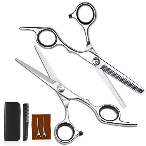 Hairdressing Scissors Set, Liaboe 6 Pcs Professional Hairdressing Shears Kit, with Hair Cutting Scissors, Thinning Shears, Hair Comb, Clips, Cleaning Cloth, Leather Bag, for Home/Salon (Sliver)