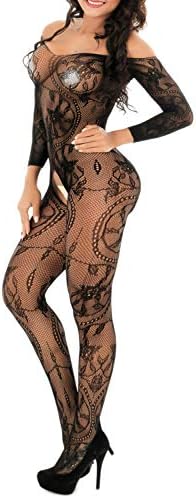 Yuanlar Womens Fishnet Crotchless Bodystocking Long Sleeve Bodysuit Nightwear