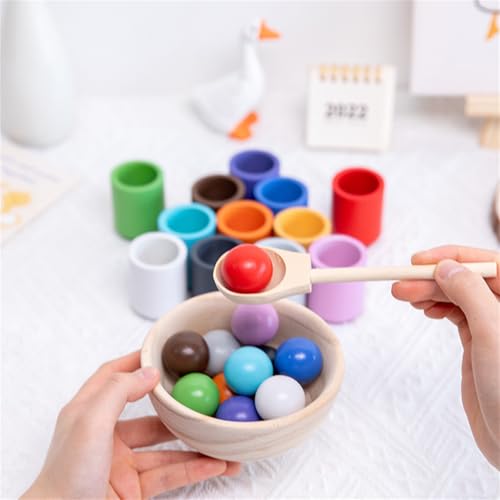 AM ANNA Rainbow Balls in Cups Toddler Montessori Toys for 1 Year Old Up, Kids Preschool Wooden Sorting Toys, Color Matching Games for Learning Sorting and Counting (12 Colors)