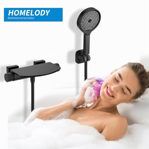 HOMELODY Black Bath Mixer Tap with Hand Shower, Waterfall Bath Tap, Brass Mixer Tap, Wall Fitting for Bathtub, Wall Mounted with Large Platform