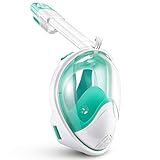 BFULL Snorkel Mask Full Face 180° Panoramic Sea View Anti-Fog Anti-Leak Snorkeling Mask with Action Camera Mount and Soft Adjustable Head Straps for Kids and Adults (White-Green, S/M)