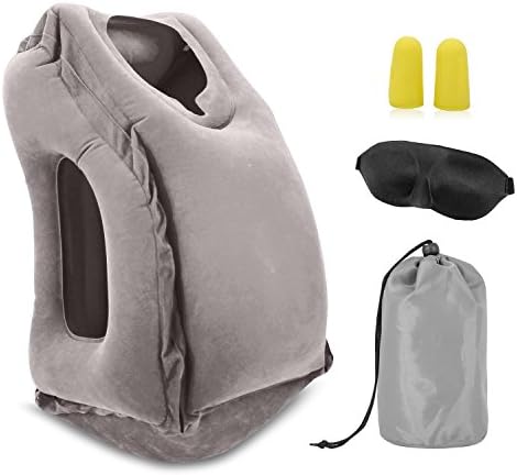 Ovinm Inflatable Travel Pillow, Portable Head and Neck Pillow, Round Bottom for Airplanes,Cars, Office, Perfect gift for Family, Friends, Colleagues, Grey - Come with Sleeping Eye Mask and Ear Plugs