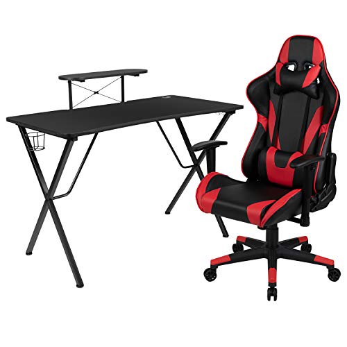 Flash Furniture Juego de escritorio para juegos negro y silla reclinable para juegos roja / negra con portavasos, gancho para auriculares y soporte para monitor / teléfono inteligente