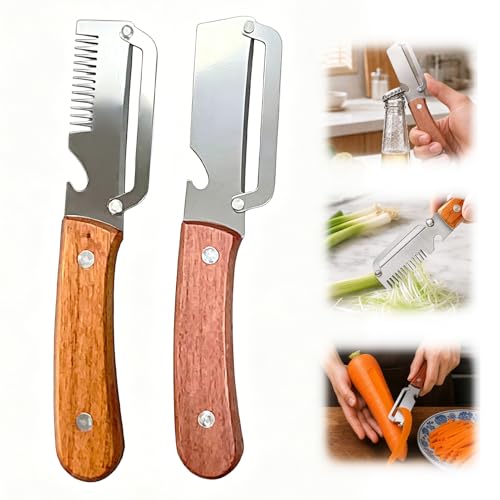 Pelador Multifuncional de Verduras 2026 Upgrade con Mango de Madera, Cuchillo Pelador de Acero Inoxidable 3 en 1, Rallador de Cebolla y Abridor de Botellas, para Cocina, Camping y BBQ (2pcs)
