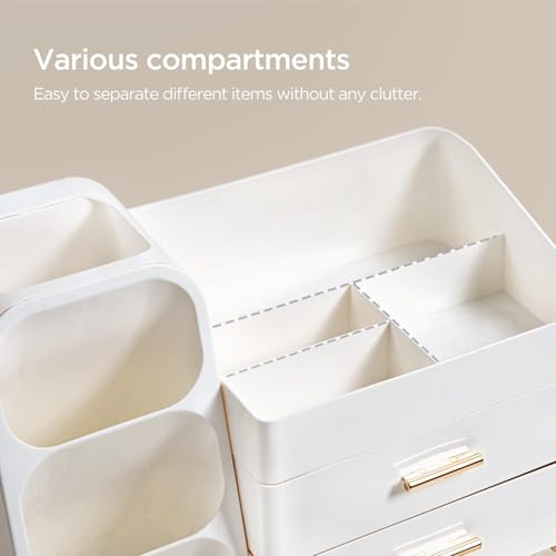 HBlife Makeup Cosmetic Organiser with Drawers, Brush Organiser, 3-in-1 Plastic Cosmetic Storage Box, Makeup Storage Box, Large Storage, White
