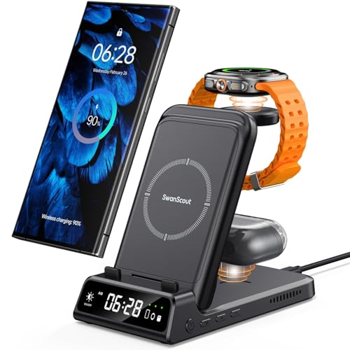 SwanScout Estación de Carga para Samsung S26 Ultra, Cargador Inalámbrico 3 en 1 para Galaxy S26+/S25/S24/S23/Note 20/Z Flip/Z Fold, Galaxy Watch Ultra/8/7/6/5/FE, Galaxy Buds3 (Sin Adaptador) (Negro)
