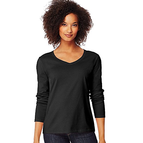 Hanes Women's Long-Sleeve V-Neck T-Shirt_Ebony_XL