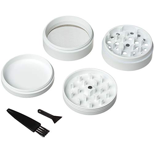 Moon Lit Spice Herb Grinder with Pollen Catcher | 4 Piece 2.5 inch with Pollen Scraper, Storage & Cleaning Brush | Smell Proof, Light & Compact | Portable Kitchen & Travel Accessories | Moon White
