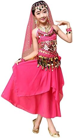 Kids' Costume Foutou Girls Belly India Dance Outfit Clothes Haning Neck Style Top+Skirt (S, Hot Pink)