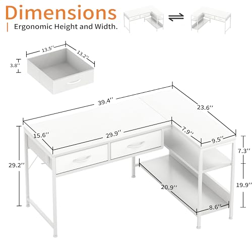 CAIYUN L Shaped Computer Desk with 2 Drawers, 39 Inch Office Corner Desk with 2 Storage Shelves, Working Table Study Table for Home Office Desk, White