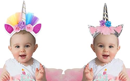 Unicorn Rainbow Happy Birthday Banner Pennant Party Supplies Glitter Unicorn Horn Headband Flower Ears Hairband for Kids Girls Halloween Costume 3 Pcs