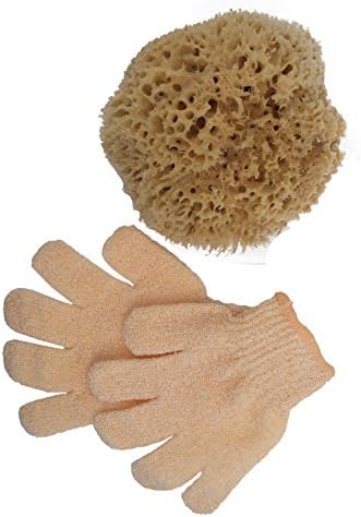 Wool Sea Sponge and Bath Glove – 2 Item Bundle of 5”-6” Natural Wool Sea Sponge for Bathing and Showering, and a Pair of Exfoliating Bath Gloves