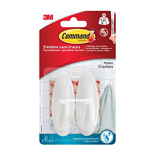 Command W17082&nbsp;Plastic Hooks, Waterproof S (Oval, 500 g) 2&nbsp;Hooks and 4&nbsp;Strips&nbsp;&ndash;&nbsp;White Oval Medium White