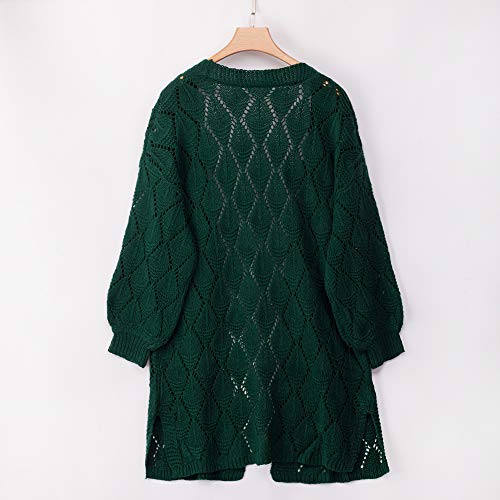 PRETTYGARDEN Women’s Elegant Solid Open Front Lantern Long Sleeve Hollow Out Side Split Chunky Knitted Long Outwear Coat (Green, Small)