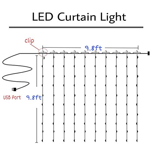 300 LED Curtain String Lights, 9.8ft x 9.8ft USB Powered Fairy Twinkle Lights for Wedding Party Home Garden Bedroom Outdoor Indoor Wall Christmas Decoration - Warmwhite