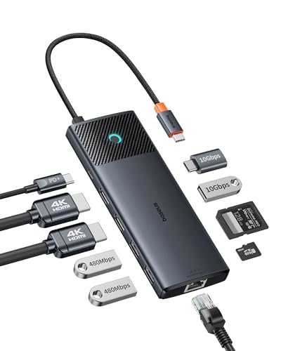Baseus 10-in-1 Docking Station USB C 10 Gbps Up to 4K@120 Hz, Hub mit 2 HDMI, 2X USB-C und 3X USB-A, Gigabit Ethernet, SD/TF und 100W Power Delivery f